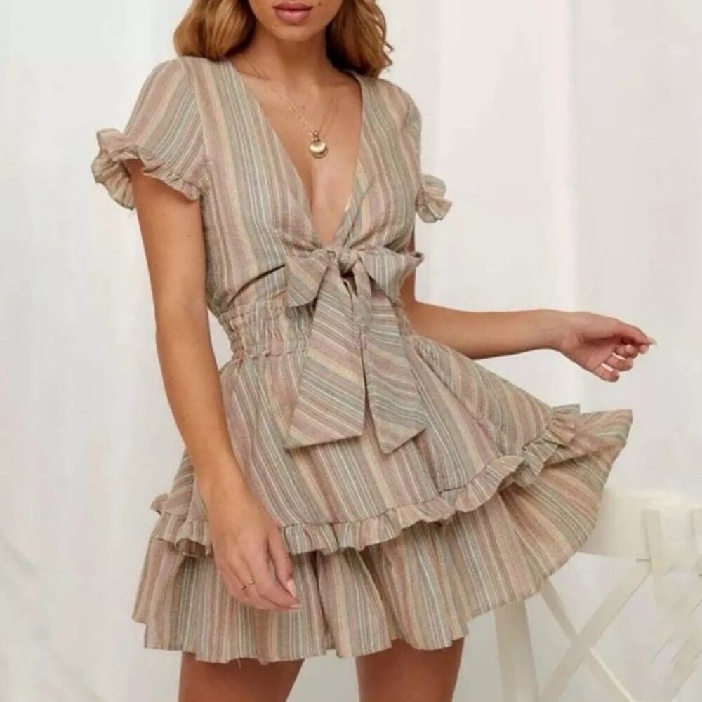 Saints + Secrets Anthea tie Front Layered Frill linen Dress Size S